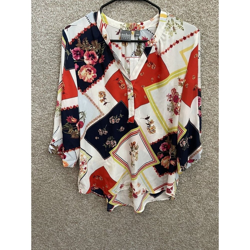 NY&C Soho Jeans Women’s Vibrant Bright Floral Adj Sleeve Blouse Shirt Sz Large